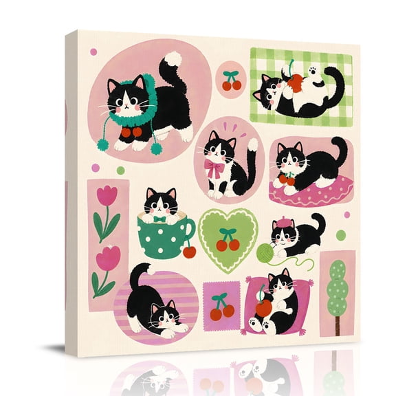 Canvas Wall Art, Pink Cat Patchwork Framed Canvas Prints for Bathroom Desk, Farmhouse Cabin Cute Cats Whimsical Small Gallery Wrapped Wall Decor for Home Office, Gifts, 8"x8" Ship Next Day