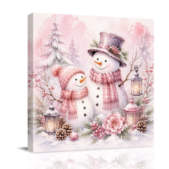 Canvas Wall Art, Pink Christmas Framed Canvas Prints for Bathroom Desk, Xmas Snowman Pine Trees Cones Floral Boho Small Gallery Wrapped Wall Decor for Home Office, Gifts, 8"x8" Ship Next Day