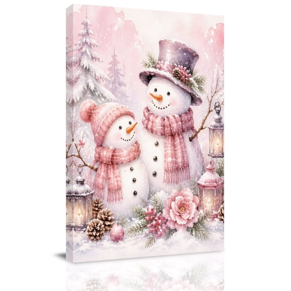 Canvas Wall Art, Pink Christmas Framed Canvas Prints for Living Room Office, Xmas Snowman Pine Trees Cones Floral Boho Extra Large Gallery Wrapped Wall Decor for Home Office, Gifts, 24"x32"
