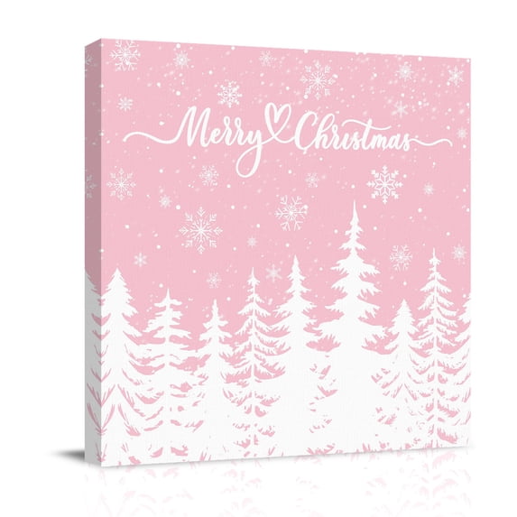 Canvas Wall Art, Pink Christmas Trees Framed Canvas Prints for Bathroom Kitchen, Winter Xmas Snowflakes Pine Forest Gallery Wrapped Wall Decor for Home Office, Gifts, 10"x10" Ship Next Day