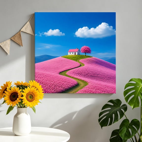 Canvas Wall Art Pink Cottage Canvas Art Print Cherry Blossom Tree Pink Field Path Clouds Pictures Wall Decor for Living Room Bedroom Artwork Decorations Stretched Framed Ready to Hang 8"x8"