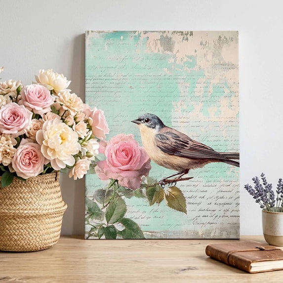 Canvas Wall Art, Pink Flower Framed Canvas Prints for Living Room Bedroom, Spring Bird Branch Blue Vintage Mottled Gallery Wrapped Wall Decor for Home Office, Gifts, 12"x16" Ship Next Day