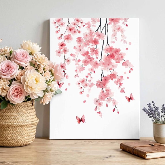 Canvas Wall Art, Pink Flowers Butterfly Framed Canvas Prints for Bedroom Living Room, Watercolor Spring Botanical Branch Gallery Wrapped Wall Decor for Home Office, Gifts, 12"x18" Ship Next Day