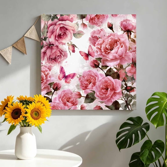 Canvas Wall Art Pink Roses Canvas Art Print Spring Watercolor Gradient Pink Rose Floral Leaf Butterfly Wall Decor for Living Room Bedroom Artwork Decorations Stretched Framed Ready to Hang 8"x8"