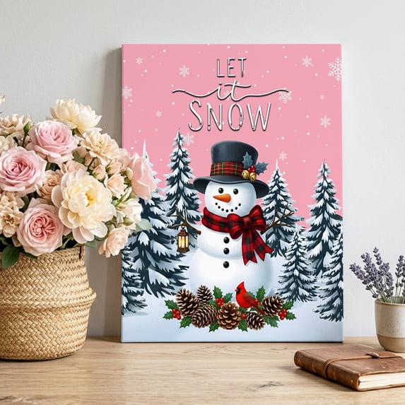 Canvas Wall Art, Pink Snowman Christmas Framed Canvas Prints for Living Room Bedroom, Xmas Pinecone Tree Snowflake Gallery Wrapped Wall Decor for Home Office, Gifts, 12"x16" Ship Next Day