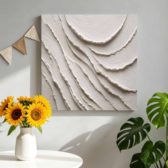 Canvas Wall Art Plaster Relief Canvas Art Print Modern Minimalist Abstract Art White Pictures Wall Decor for Living Room Bedroom Artwork Decorations Stretched Framed Ready to Hang 8"x8"