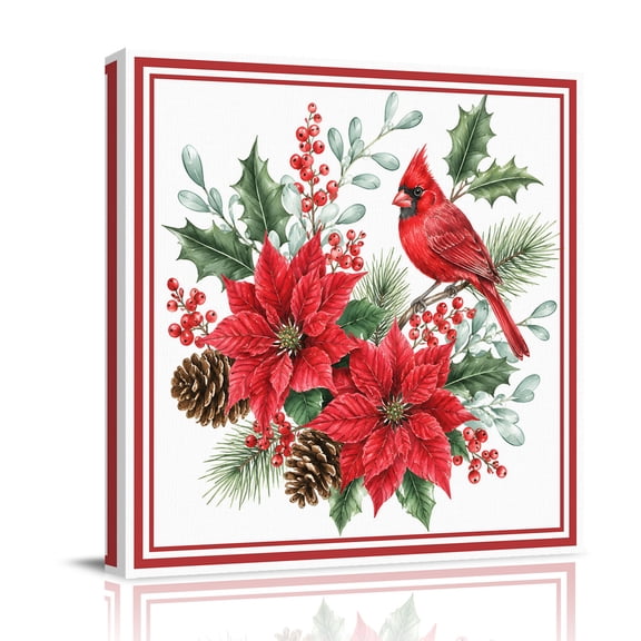 Canvas Wall Art, Poinsettia Flowers Framed Canvas Prints for Bathroom Desk, Winter Cardinal Pine Fruits Holly Leaf Small Gallery Wrapped Wall Decor for Home Office, Gifts, 8"x8" Ship Next Day
