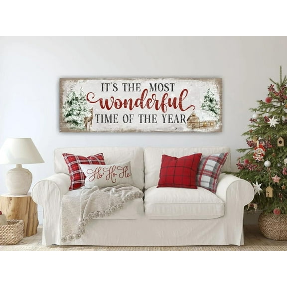 Canvas Wall Art Print Its The Most Wonderful Time Of The Year Poster Red Christmas Sign Canvas Painting Artwork for Rustic Farmhouse Christmas Decor Unframed