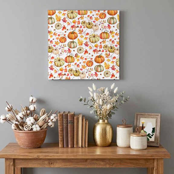 Canvas Wall Art Prints Cartoon Pumpkin Fallen Leaves Wood Frame Artwork Painting Thanksgiving Maple Leaves Wall Decor for Living Room Bedroom Home Office,8x8in Ready to Hang