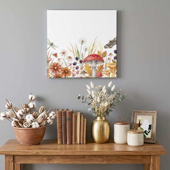 Canvas Wall Art Prints Fall Season Mushroom Wood Frame Artwork Painting Country Green Dragonfly Wall Decor for Living Room Bedroom Home Office,8x8in Ready to Hang