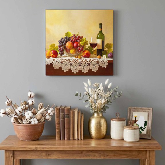 Canvas Wall Art Prints Rustic Grape Peach Apples Wine Wood Frame Artwork Painting Realistic Fruit Oil Painting Wall Decor for Living Room Bedroom Home Office,8x8in Ready to Hang