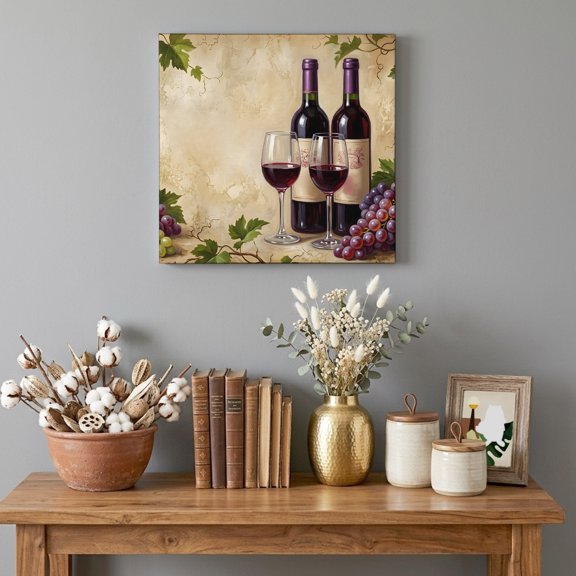 Canvas Wall Art Prints Rustic Grapes Wine Goblets Bottles Wood Frame Artwork Painting Farmhouse Italian Manor Wall Decor for Living Room Bedroom Home Office,8x8in Ready to Hang