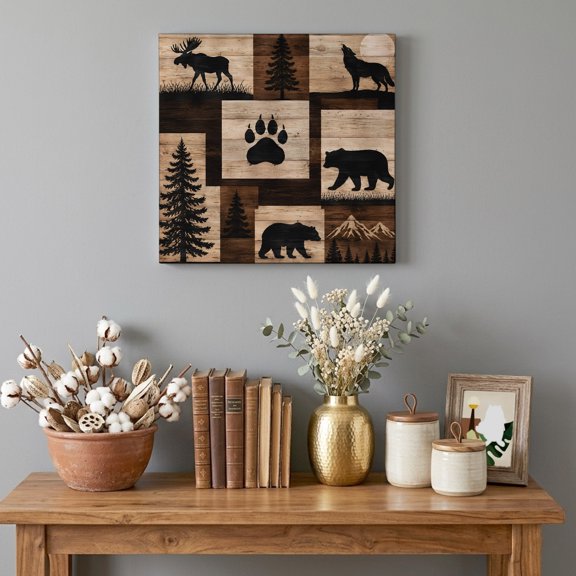 Canvas Wall Art Prints Vintage Folk Art Patchwork Wood Frame Artwork Painting Forest Brown Bear Elk Wall Decor for Living Room Bedroom Home Office,8x8in Ready to Hang