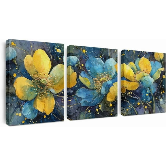 Canvas Wall Art Prints,Yellow and Blue Flower Triptych Canvas Art for Home Decoration Modern Wall Art for Living Room Bedroom and Great Gift Idea for Any Occasion