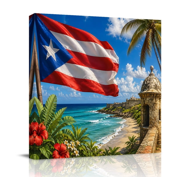 Canvas Wall Art, Puerto Rico Flag Framed Canvas Prints for Bathroom Desk, Coastal Palm Tree Tropical Paradise Small Gallery Wrapped Wall Decor for Home Office, Gifts, 8"x8" Ship Next Day