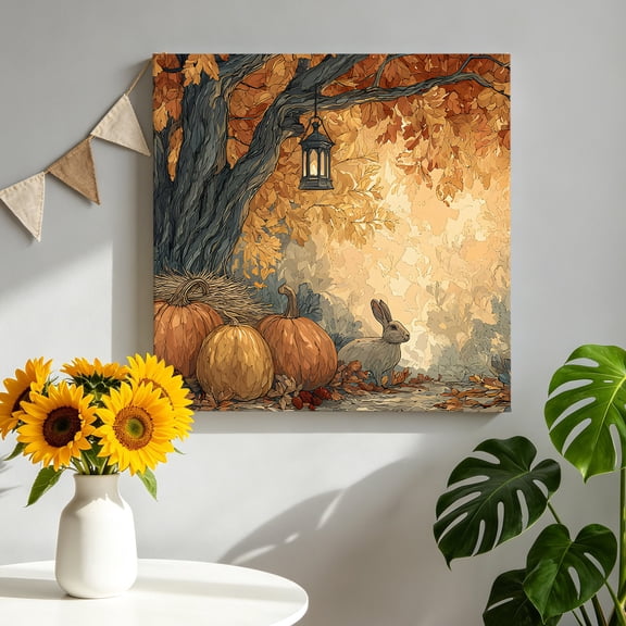 Canvas Wall Art Pumpkin Rabbit Canvas Art Print Fall Forest Fallen Leaves Pictures Wall Decor for Living Room Bedroom Artwork Decorations Stretched Framed Ready to Hang 8"x8"
