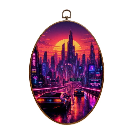 Canvas Wall Art Punk Cityscape Neon Street Game Scene Japanese Anime Sunset Oval Framed Canvas Prints Vintage Wall Hanging Decor for Home Decorations 8.6"x11.4"