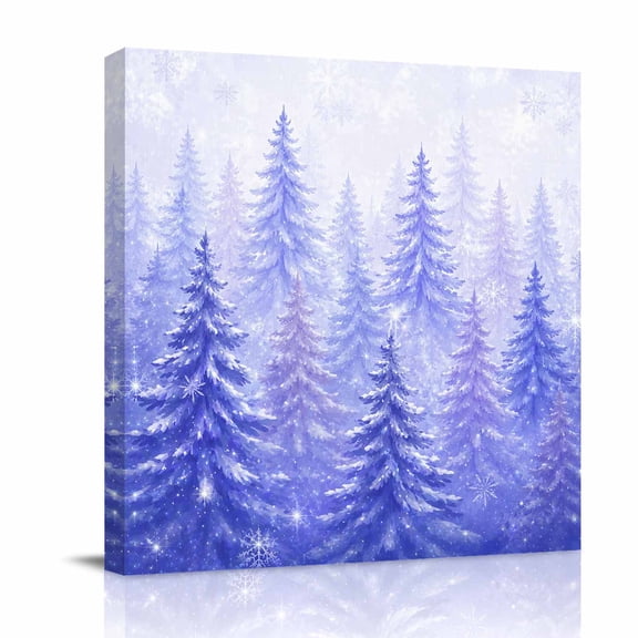 Canvas Wall Art, Purple Christmas Tree Framed Canvas Prints for Bathroom Desk, Winter Xmas Snowflake Forest Rustic Small Gallery Wrapped Wall Decor for Home Office, Gifts, 8"x8" Ship Next Day