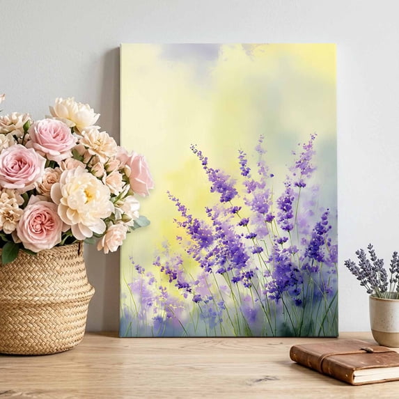 Canvas Wall Art Purple Flower Canvas Art Print Spring Watercolor Purple Lavender Floral Leaf Gradient Yellow Pictures Wall Decor for Living Room Artwork Decorations Framed Ready to Hang 8"x12"