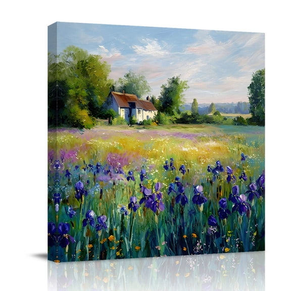 Canvas Wall Art, Purple Green Country Framed Canvas Prints for Bathroom Desk, Farmhouse Rustic Wild Flowers Small Gallery Wrapped Wall Decor for Home Office, Gifts, 8"x8" Ship Next Day