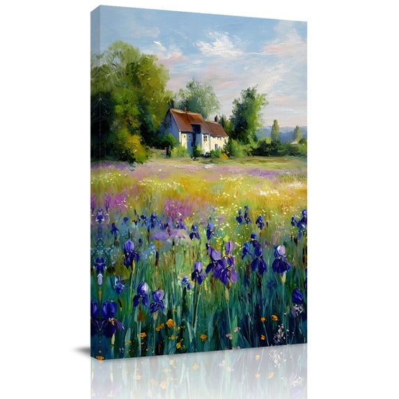 Canvas Wall Art, Purple Green Country Framed Canvas Prints for Bedroom Living Room, Farmhouse Rustic Wild Flowers Large Gallery Wrapped Wall Decor for Home Office, Gifts, 18"x24" Ship Next Day