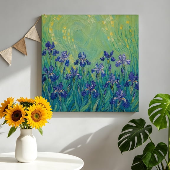 Canvas Wall Art Purple Irises Canvas Art Print Spring Swirling Sky Green Leaf Rustic Oil Painting Style Pictures Wall Decor for Living Room Artwork Decorations Stretched Framed Ready to Hang 8"x8"
