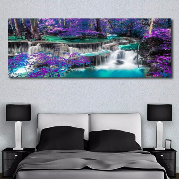 Canvas Wall Art Purple Trees Forest Black and White Waterfall Landscape Picture Canvas Prints for Living Room Decoration Autumn Painting Ready to Hang Unframed 15.7*47.2 Inch