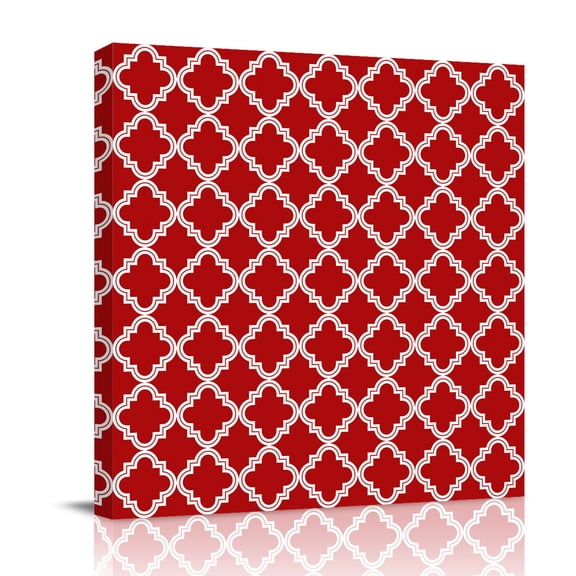 Canvas Wall Art, Quatrefoil Moroccan Pattern Framed Canvas Prints for Bathroom Desk, Geometric Red Backdrop Small Gallery Wrapped Wall Decor for Home Office, Gifts, 8"x8" Ship Next Day