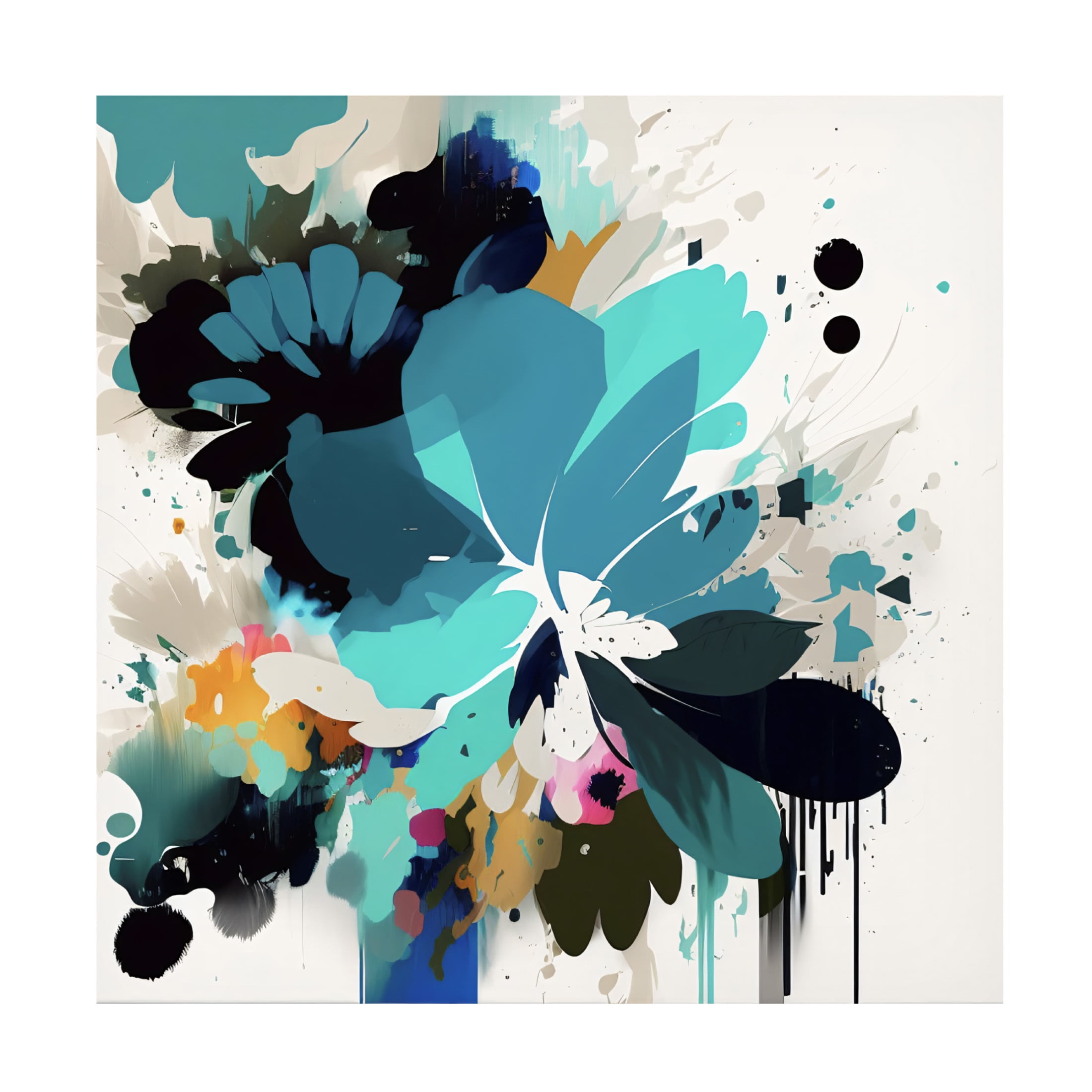Large Blue and Black Floral Canvas Art with Wood Frame