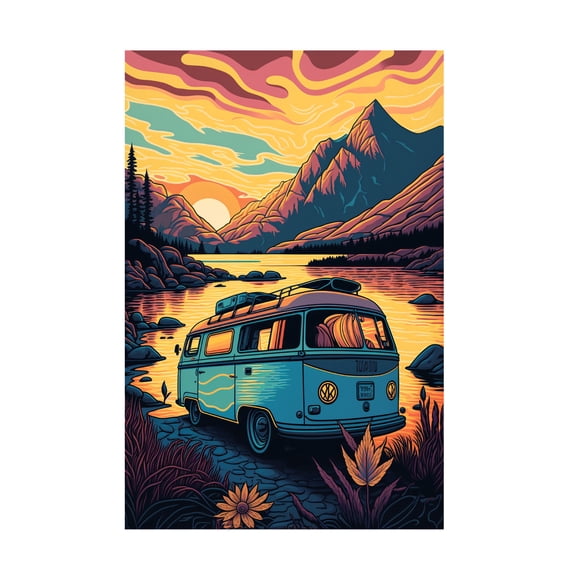 Canvas Wall Art - Ray Heere 'Silkscreen Camper On The Lake 18' Wall Art for Living Room, Bedroom, or Office Décor by Trademark Fine Art - 12 x 19 Inches