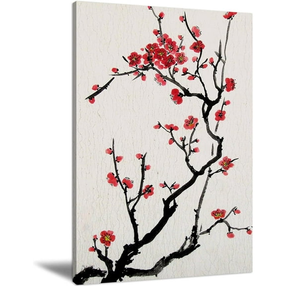 Canvas Wall Art Red Cherry Blossoms Canvas Print Artwork Flower Ink Style Wall Art Paintings Framed Ready to Hang for Living Room Dinning Room Bedroom Bathroom Home Decor 12x18inch