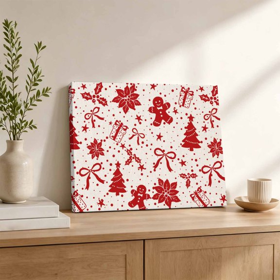 Canvas Wall Art, Red Christmas Framed Artwork for Living Room, Winter Xmas Pine Tree Cartoon New Year Gallery Wrapped Canvas Prints Art Ready to Hang Wall Decor for Bathroom Bedroom, 16"x12"