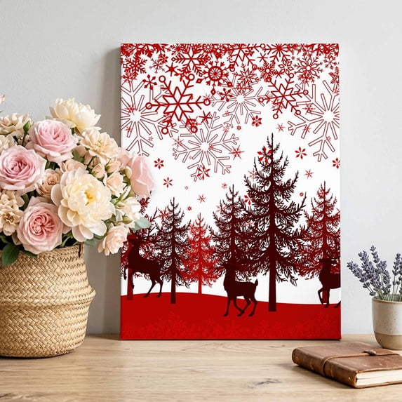 Canvas Wall Art, Red Christmas Framed Canvas Prints for Living Room Bedroom, Xmas Pine Tree Elk Snowflake Holiday Gallery Wrapped Wall Decor for Home Office, Gifts, 12"x16" Ship Next Day
