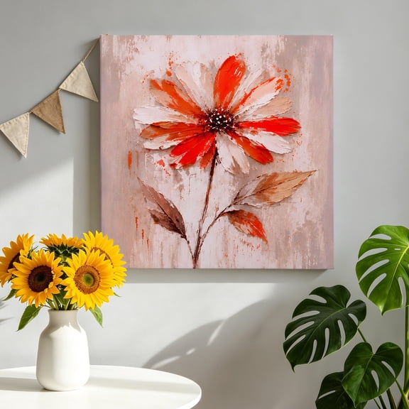 Canvas Wall Art Red Flower Canvas Art Print Abstract Beige Floral Leaf Stem Oil Paint Texture Pictures Wall Decor for Living Room Bedroom Artwork Decorations Stretched Framed Ready to Hang 8"x8"