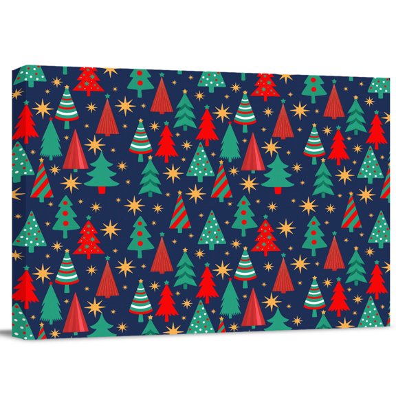 Canvas Wall Art, Red Green Christmas Tree Framed Artwork for Living Room, Cartoon Xmas Pine Trees Stars Farmhouse Gallery Wrapped Canvas Prints Art Ready to Hang Wall Decor for Bathroom, 10"x8"