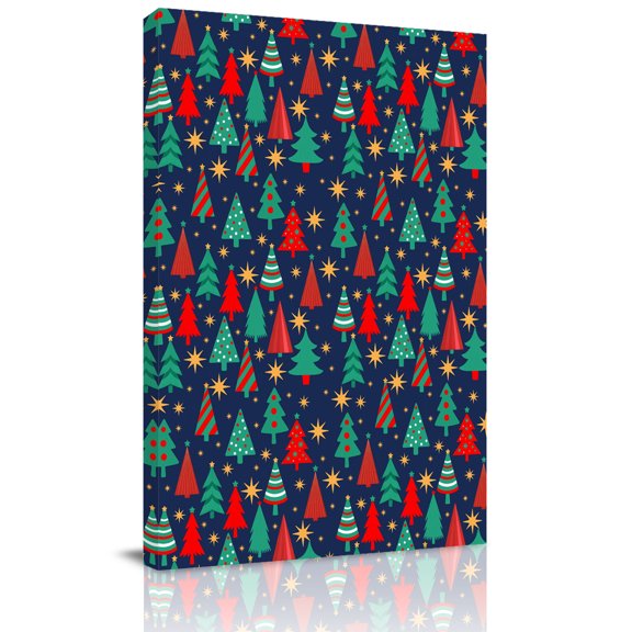 Canvas Wall Art, Red Green Christmas Tree Framed Canvas Prints for Bathroom Hallway, Cartoon Xmas Pine Trees Stars Farmhouse Small Gallery Wrapped Wall Decor for Home Office, Gifts, 8"x10"