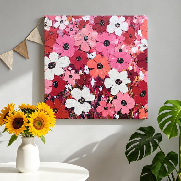 Canvas Wall Art Red Pink Floral Canvas Art Print Spring Beautiful Flower Pastoral Oil Painting Style Wall Decor for Living Room Bedroom Artwork Decorations Stretched Framed Ready to Hang 8"x8"