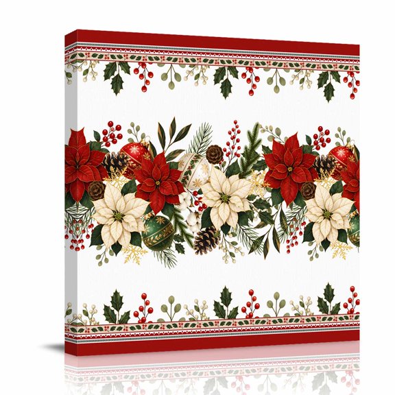 Canvas Wall Art, Red Poinsettia Christmas Framed Canvas Prints for Bathroom Desk, Xmas Botanical Berry Red Border Small Gallery Wrapped Wall Decor for Home Office, Gifts, 8"x8" Ship Next Day
