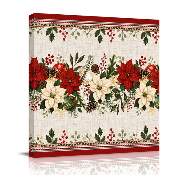Canvas Wall Art, Red Poinsettia Christmas Framed Canvas Prints for Bathroom Desk, Xmas Botanical Red Border Rustic Small Gallery Wrapped Wall Decor for Home Office, Gifts, 8"x8" Ship Next Day