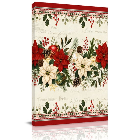 Canvas Wall Art, Red Poinsettia Christmas Framed Canvas Prints for Hallway Living Room, Xmas Botanical Red Border Beige Extra Large Gallery Wrapped Wall Decor for Home Office, Gifts, 20"x30"