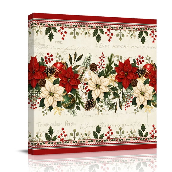 Canvas Wall Art, Red Poinsettia Christmas Framed Canvas Prints for Living Room Bathroom, Xmas Botanical Red Border Beige Gallery Wrapped Wall Decor for Home Office, Gifts, 12"x12" Ship Next Day