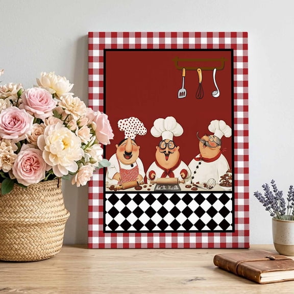 Canvas Wall Art Red Rustic Chefs Canvas Art Print Cooking Food Whimsical Kitchen Pictures Wall Decor for Living Room Bedroom Artwork Decorations Stretched Framed Ready to Hang 16"x20"