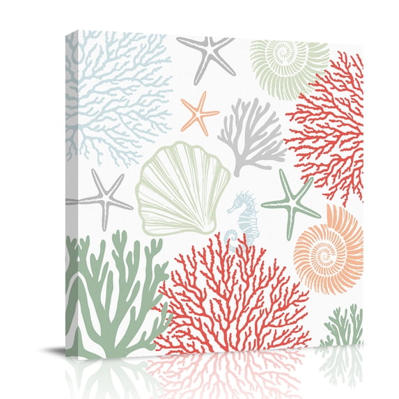 Canvas Wall Art, Red Sage Green Coastal Framed Canvas Prints for Bathroom Desk, Summer Beach Coral Shell Starfish Small Gallery Wrapped Wall Decor for Home Office, Gifts, 8"x8" Ship Next Day