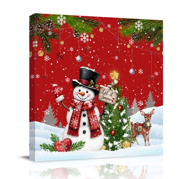 Canvas Wall Art, Red Snowman Christmas Framed Canvas Prints for Bathroom Desk, Xmas Tree Elk Balls Snowflake Small Gallery Wrapped Wall Decor for Home Office, Gifts, 8"x8" Ship Next Day