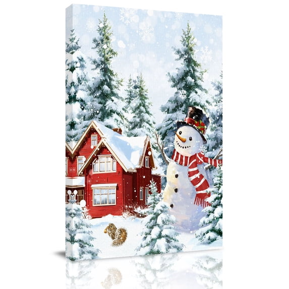 Canvas Wall Art, Red Snowman Christmas Framed Canvas Prints for Hallway Living Room, Xmas Tree Snowflake Farmhouse Winter Gallery Wrapped Wall Decor for Home Office, Gifts, 20"x30" Ship Next Day