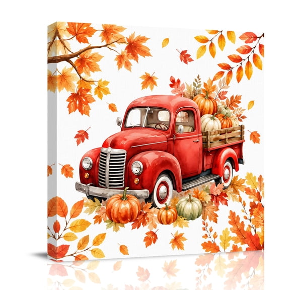 Canvas Wall Art, Red Truck Fall Framed Canvas Prints for Bedroom Office, Orange Pumpkins Maple Leaf Botanical Thanksgiving Large Gallery Wrapped Wall Decor for Home Office, Gifts, 16"x16"