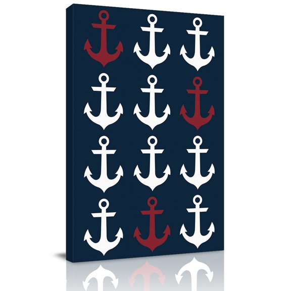 Canvas Wall Art, Red and White Sailing Anchor, Framed Canvas Prints for Kitchen Bedroom, Navy Blue Small Gallery Wrapped Wall Decor for Home Office, Gifts, 8"x12" Ship Next Day
