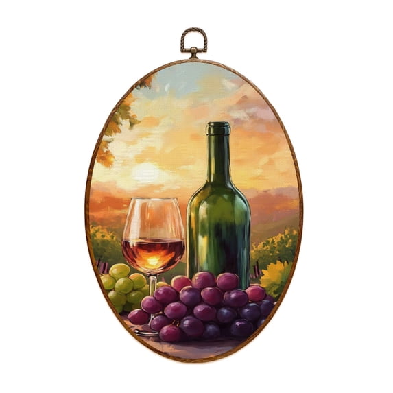 Canvas Wall Art Red Wine Grapes Dishwasher Farmhouse Fruit Stickers Wine Bottle Wine Oval Framed Canvas Prints Vintage Wall Hanging Decor for Kitchen Dining Room Bar Home Restaurant 8.6"x11.4"