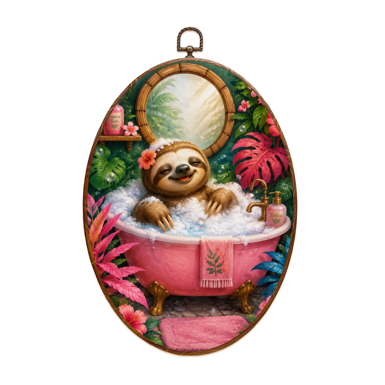 Canvas Wall Art Relaxing Sloth Bubble Bath Tropical Jungle Oval Framed ...