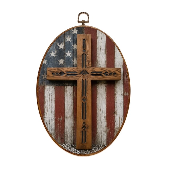 Canvas Wall Art Retro Cross American Flag Inspirational Memorial Day Independence Oval Framed Canvas Prints Vintage Wall Hanging Decor for Home Decorations 8.6"x11.4"